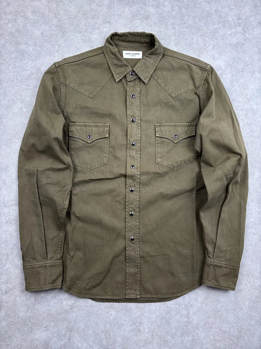 SS2020 Saint Laurent Olive Twill Western Snap Shirt ithrwDbS 0