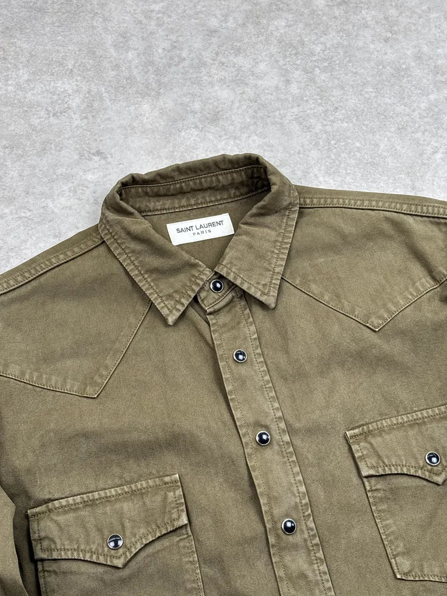 SS2020 Saint Laurent Olive Twill Western Snap Shirt ithrwDbS 5
