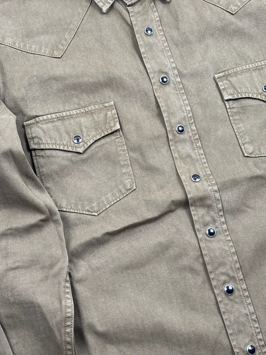 SS2020 Saint Laurent Olive Twill Western Snap Shirt ithrwDbS 6