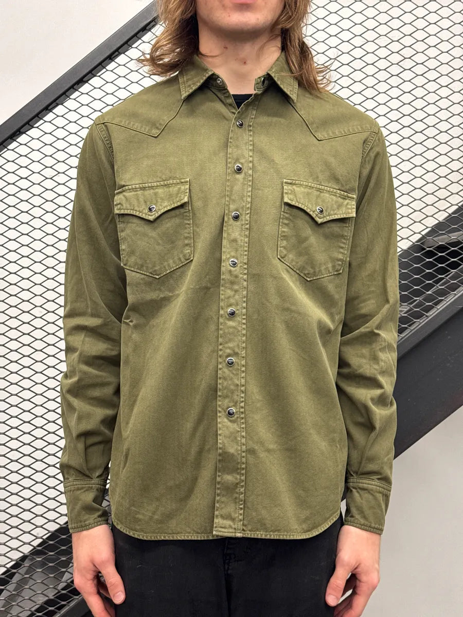 SS2020 Saint Laurent Olive Twill Western Snap Shirt ithrwDbS 1