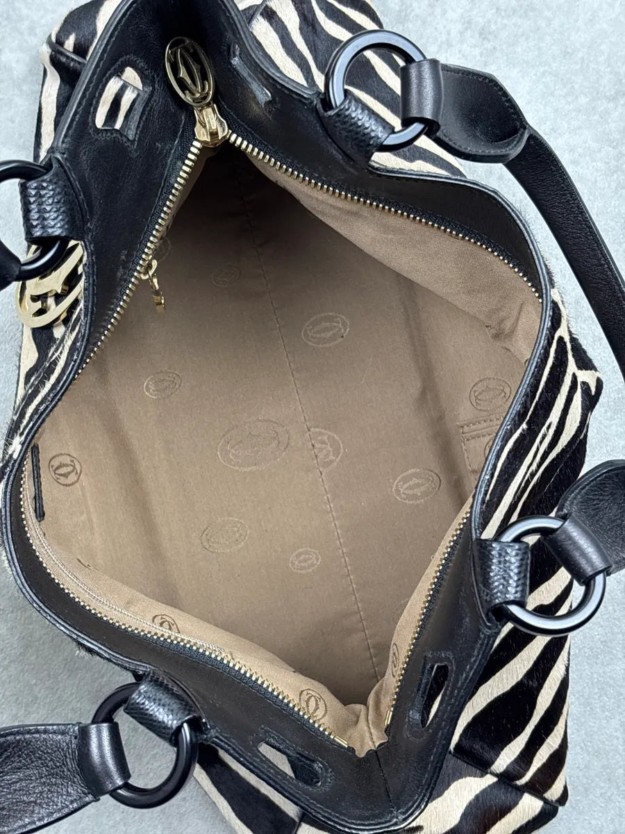 2000s Cartier Black Leather Zebra Pony Hair Marcello Handle Bag iwoskhxs 15