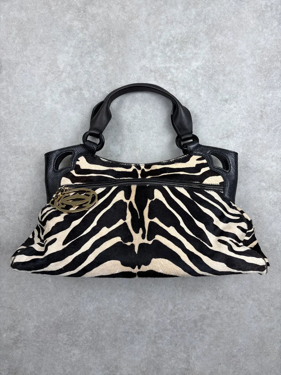 2000s Cartier Black Leather Zebra Pony Hair Marcello Handle Bag iwoskhxs 0