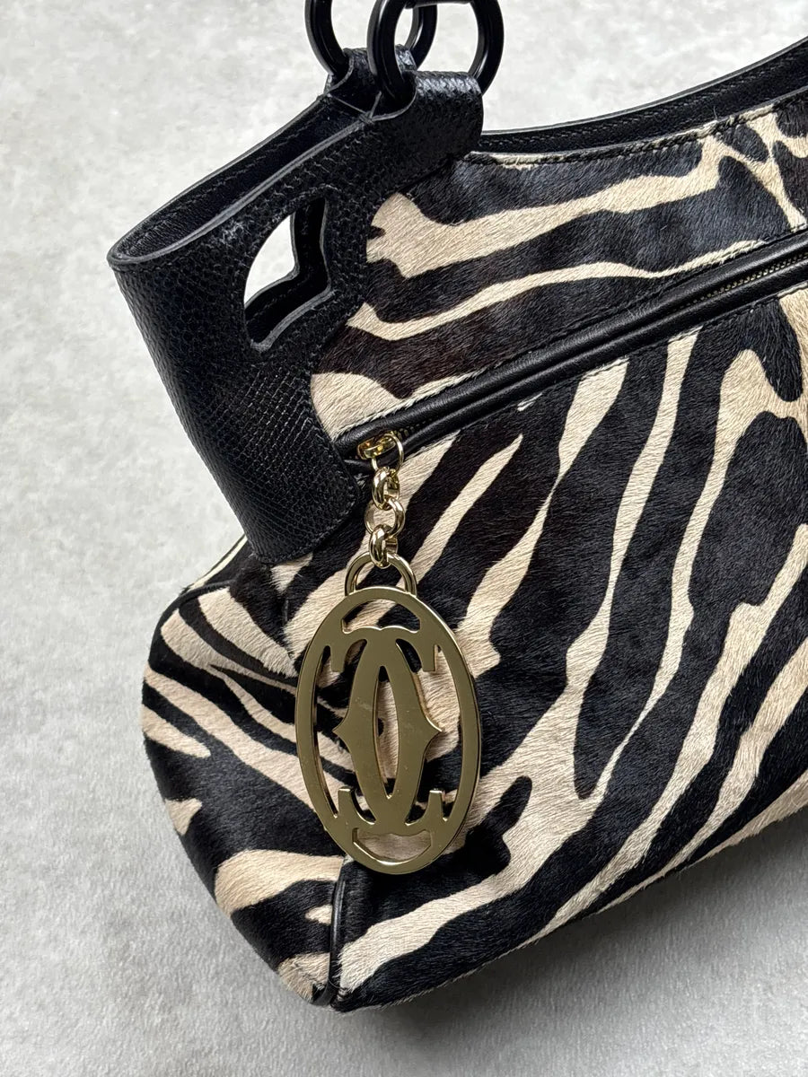 2000s Cartier Black Leather Zebra Pony Hair Marcello Handle Bag iwoskhxs 11