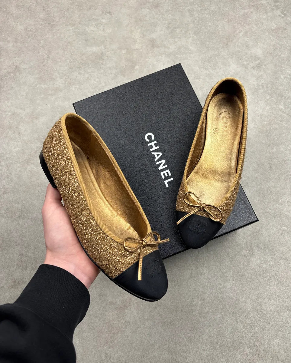 Chanel Gold Tweed Cap Toe Ballet Flats iyDWmWLh 0