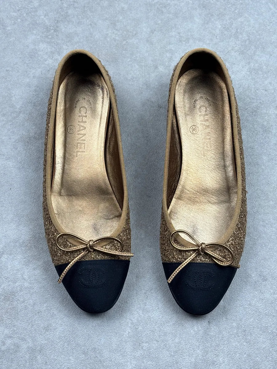 Chanel Gold Tweed Cap Toe Ballet Flats iyDWmWLh 1