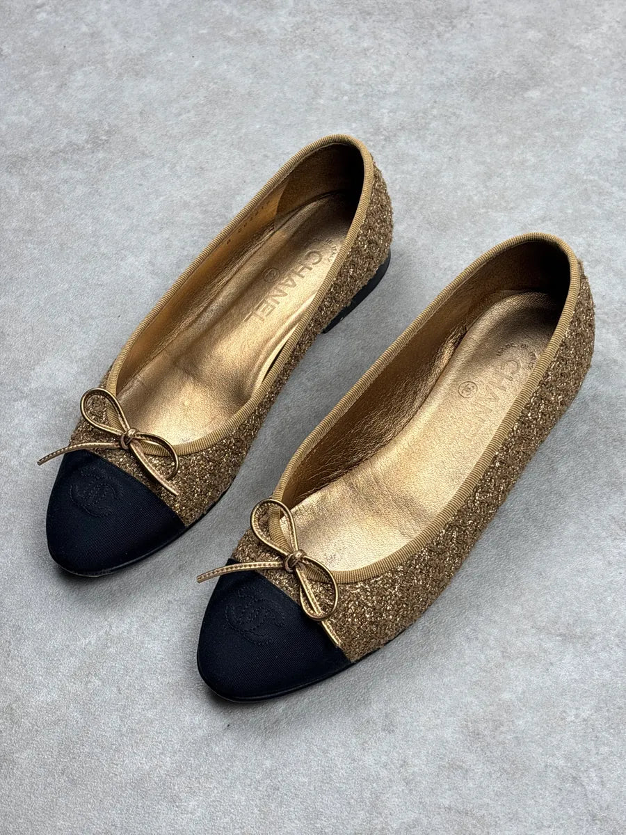 Chanel Gold Tweed Cap Toe Ballet Flats iyDWmWLh 3