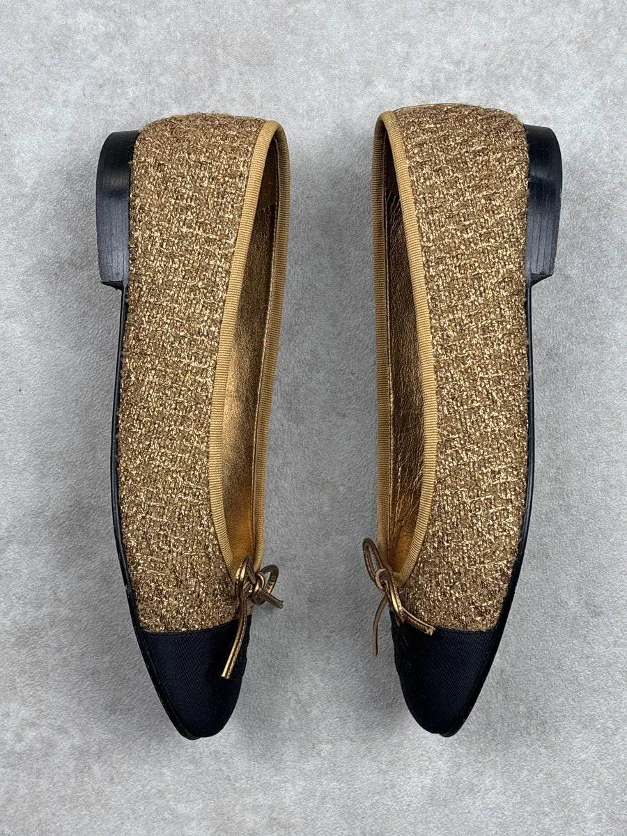 Chanel Gold Tweed Cap Toe Ballet Flats iyDWmWLh 4