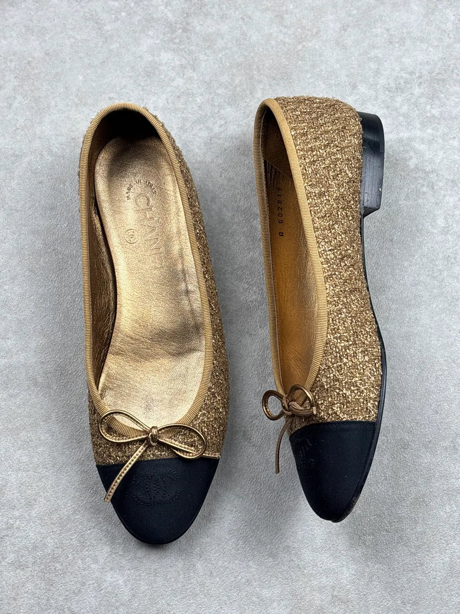 Chanel Gold Tweed Cap Toe Ballet Flats iyDWmWLh 5