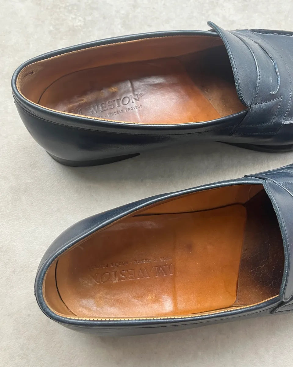 J.M. Weston Navy Leather Penny Loafer Shoes zBiNYqY 10