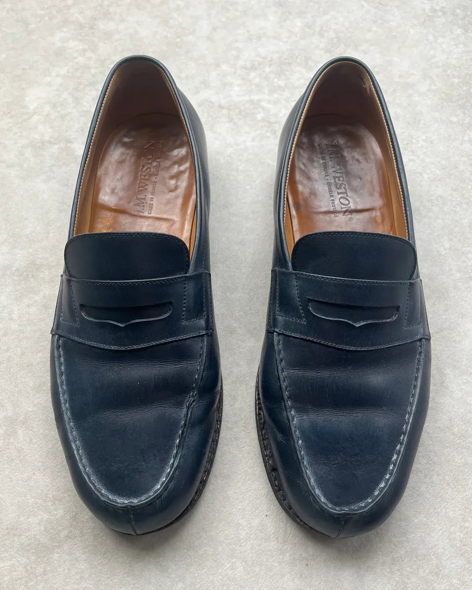J.M. Weston Navy Leather Penny Loafer Shoes zBiNYqY 8
