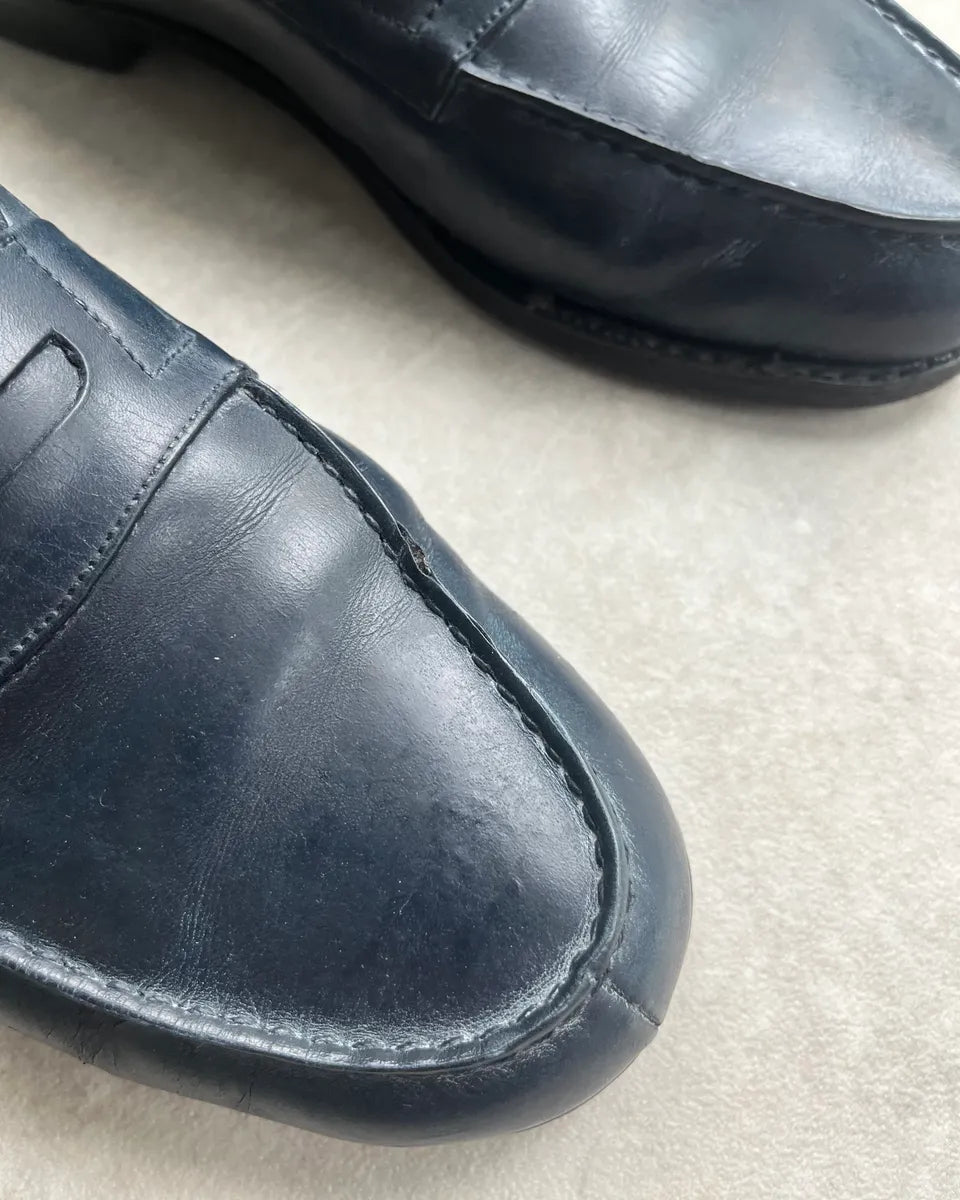 J.M. Weston Navy Leather Penny Loafer Shoes zBiNYqY 9