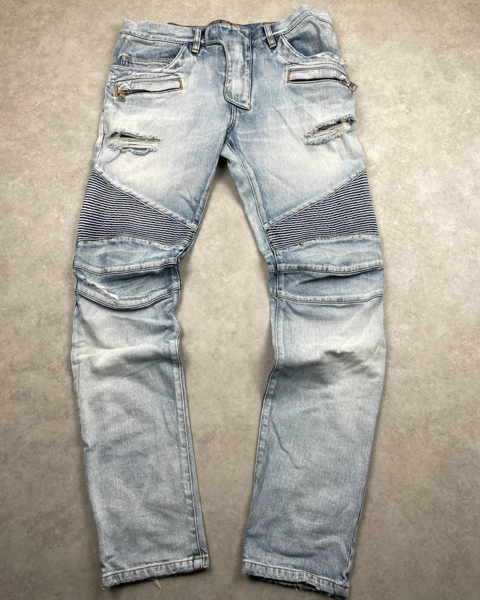SS2017 Balmain Light Blue Denim Ribbed Biker Jeans jNYgcKIo 0