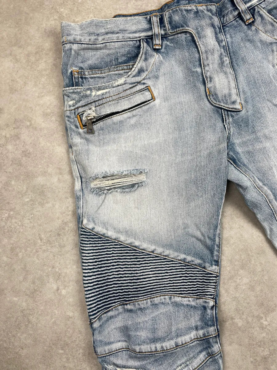 SS2017 Balmain Light Blue Denim Ribbed Biker Jeans jNYgcKIo 6