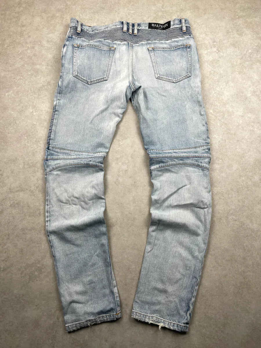 SS2017 Balmain Light Blue Denim Ribbed Biker Jeans jNYgcKIo 4