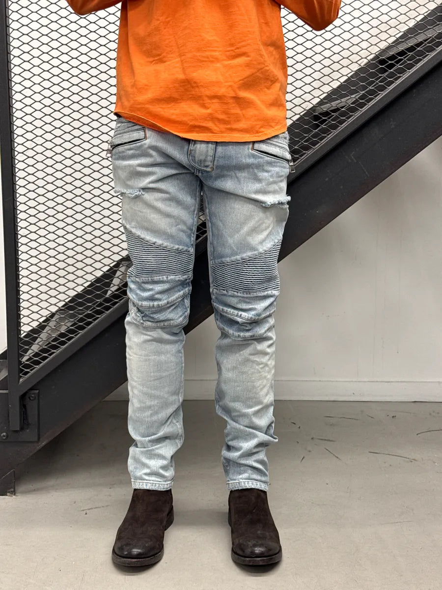 SS2017 Balmain Light Blue Denim Ribbed Biker Jeans jNYgcKIo 1