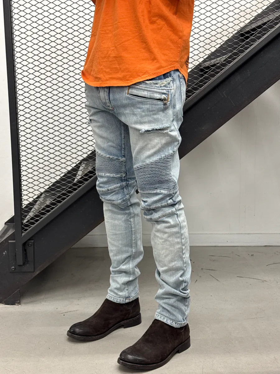 SS2017 Balmain Light Blue Denim Ribbed Biker Jeans jNYgcKIo 2