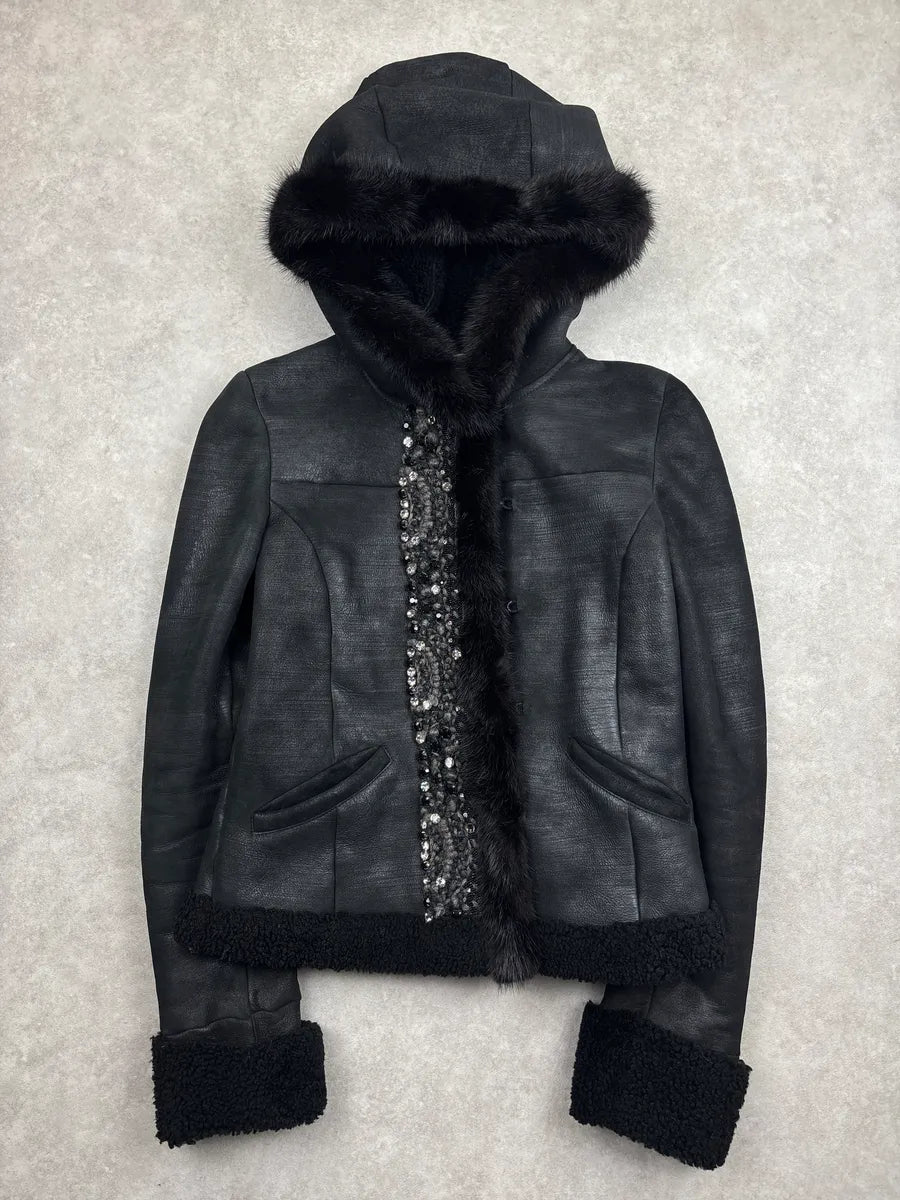 AW2010 Prada Black Shearling Embellished Hooded Fur Jacket jOjMufic 0