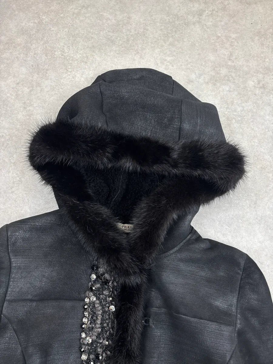 AW2010 Prada Black Shearling Embellished Hooded Fur Jacket jOjMufic 5