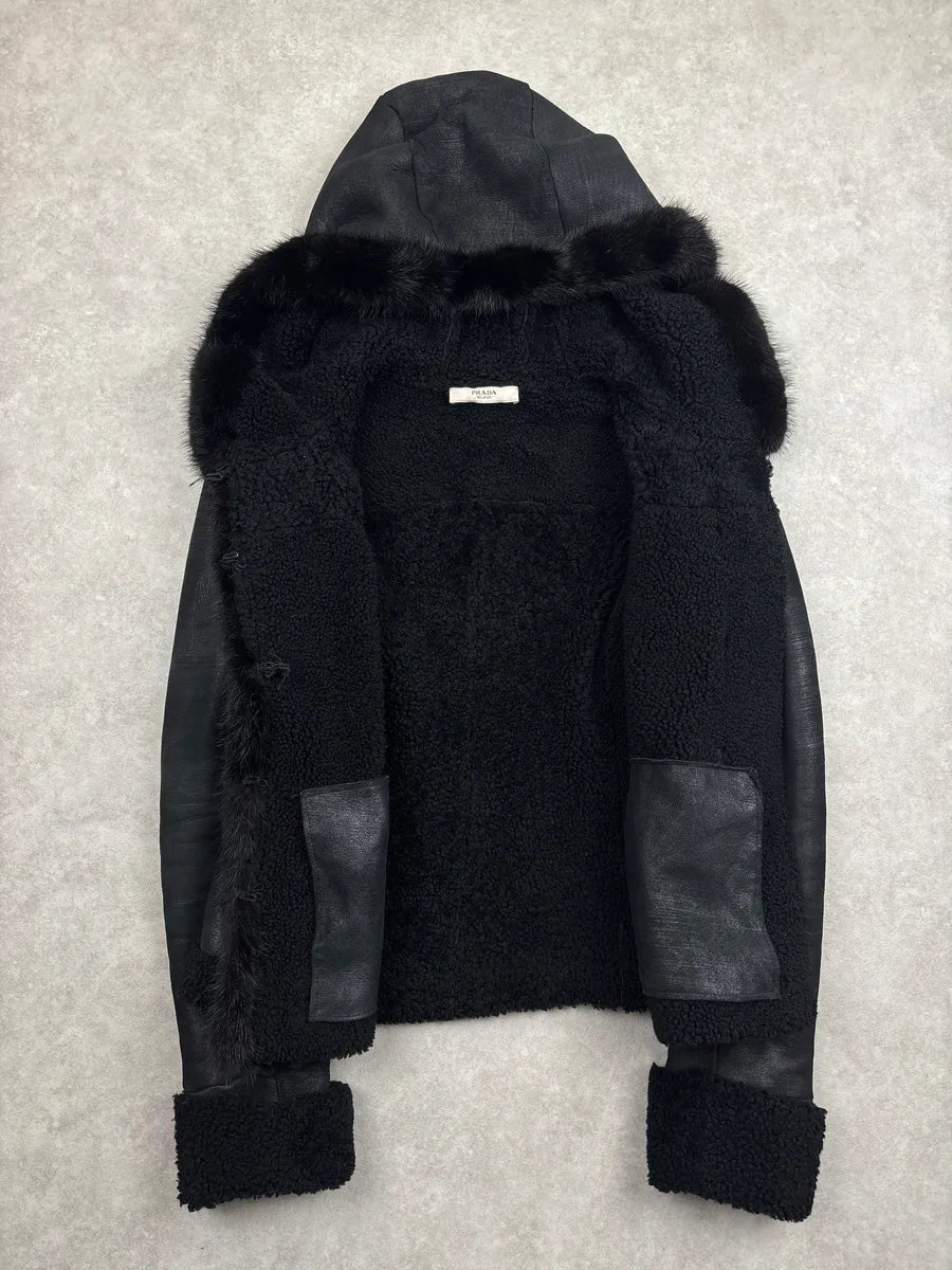 AW2010 Prada Black Shearling Embellished Hooded Fur Jacket jOjMufic 3