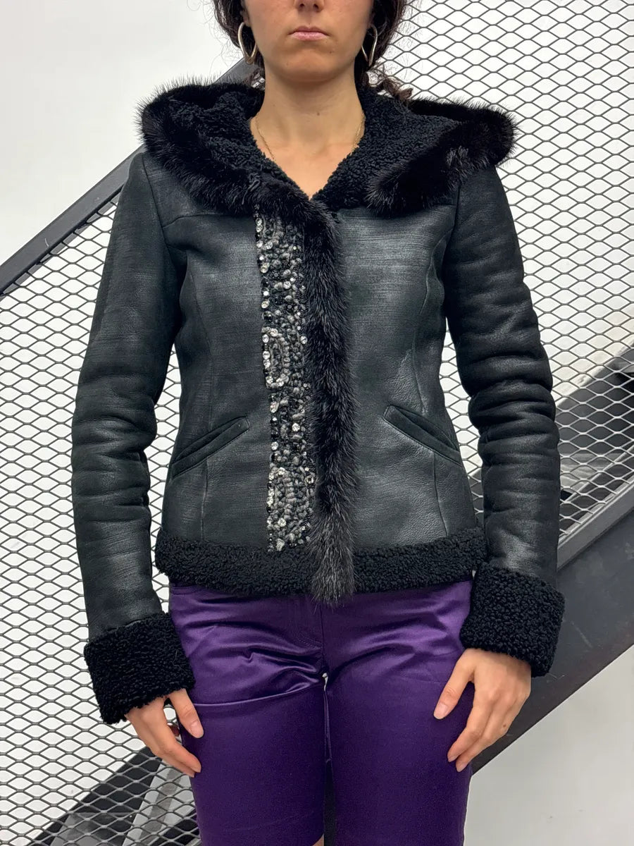 AW2010 Prada Black Shearling Embellished Hooded Fur Jacket jOjMufic 1