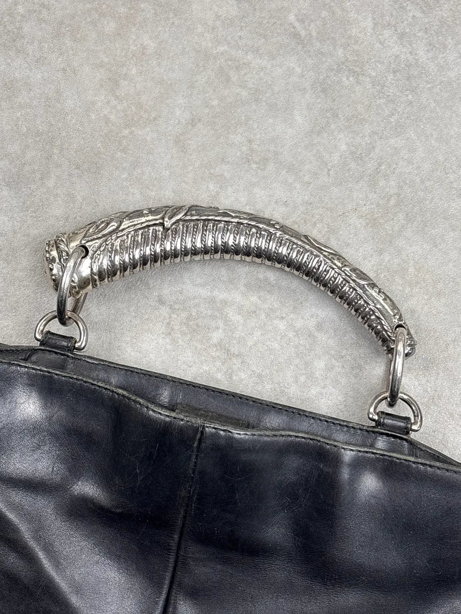 2000s Yves Saint Laurent Black Leather Mombasa Metal Handle Bag jQpNGlYd 4