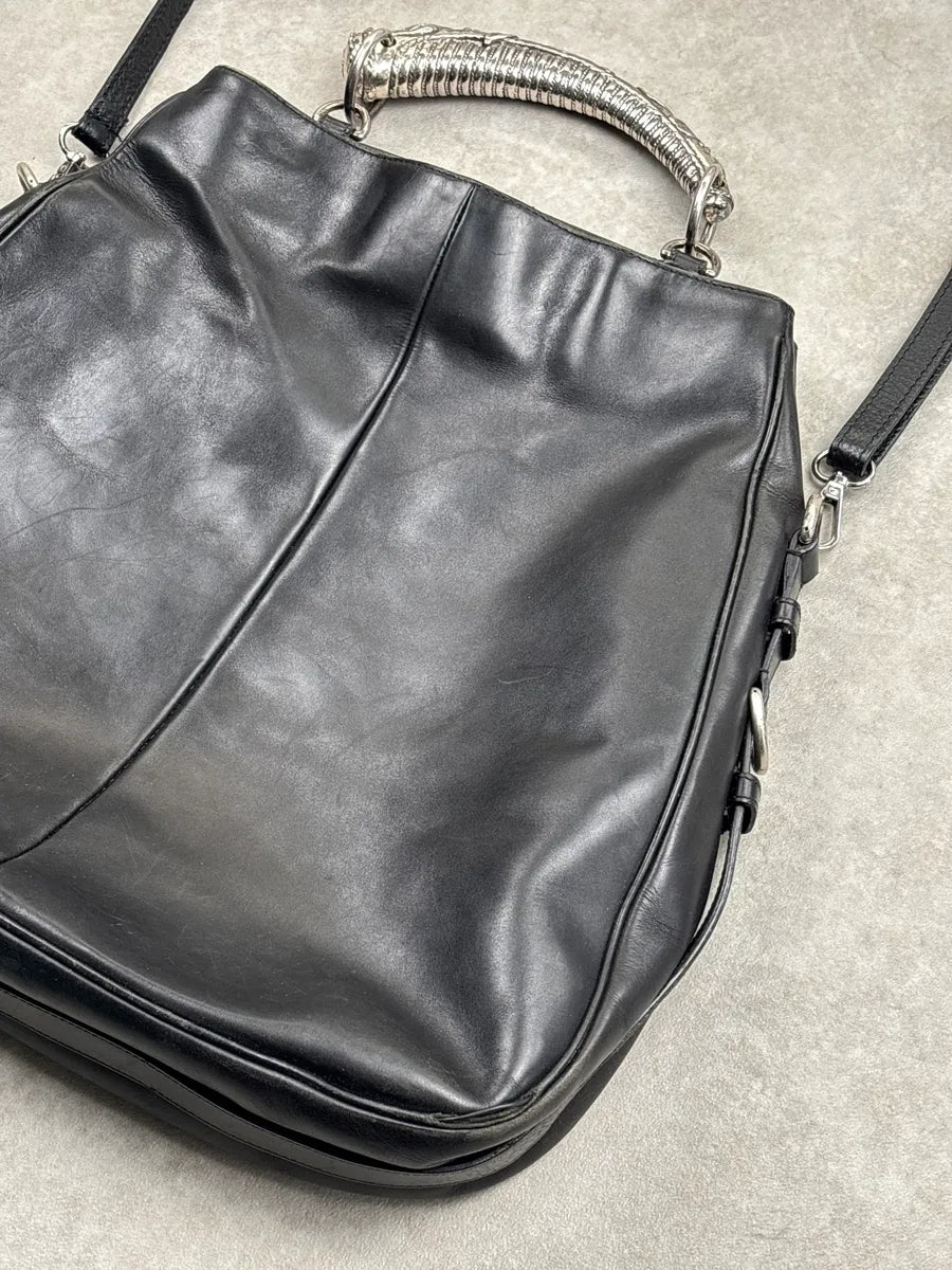 2000s Yves Saint Laurent Black Leather Mombasa Metal Handle Bag jQpNGlYd 6