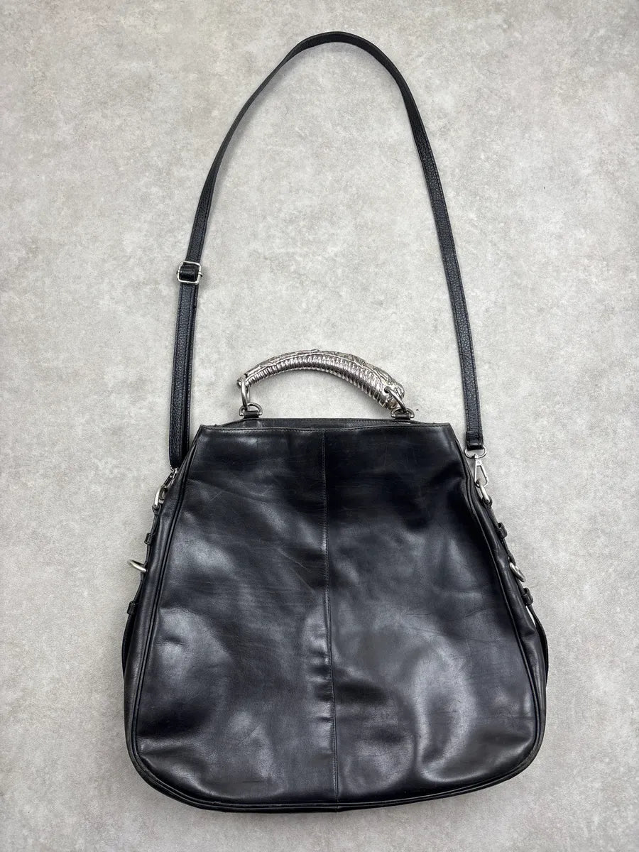 2000s Yves Saint Laurent Black Leather Mombasa Metal Handle Bag jQpNGlYd 3
