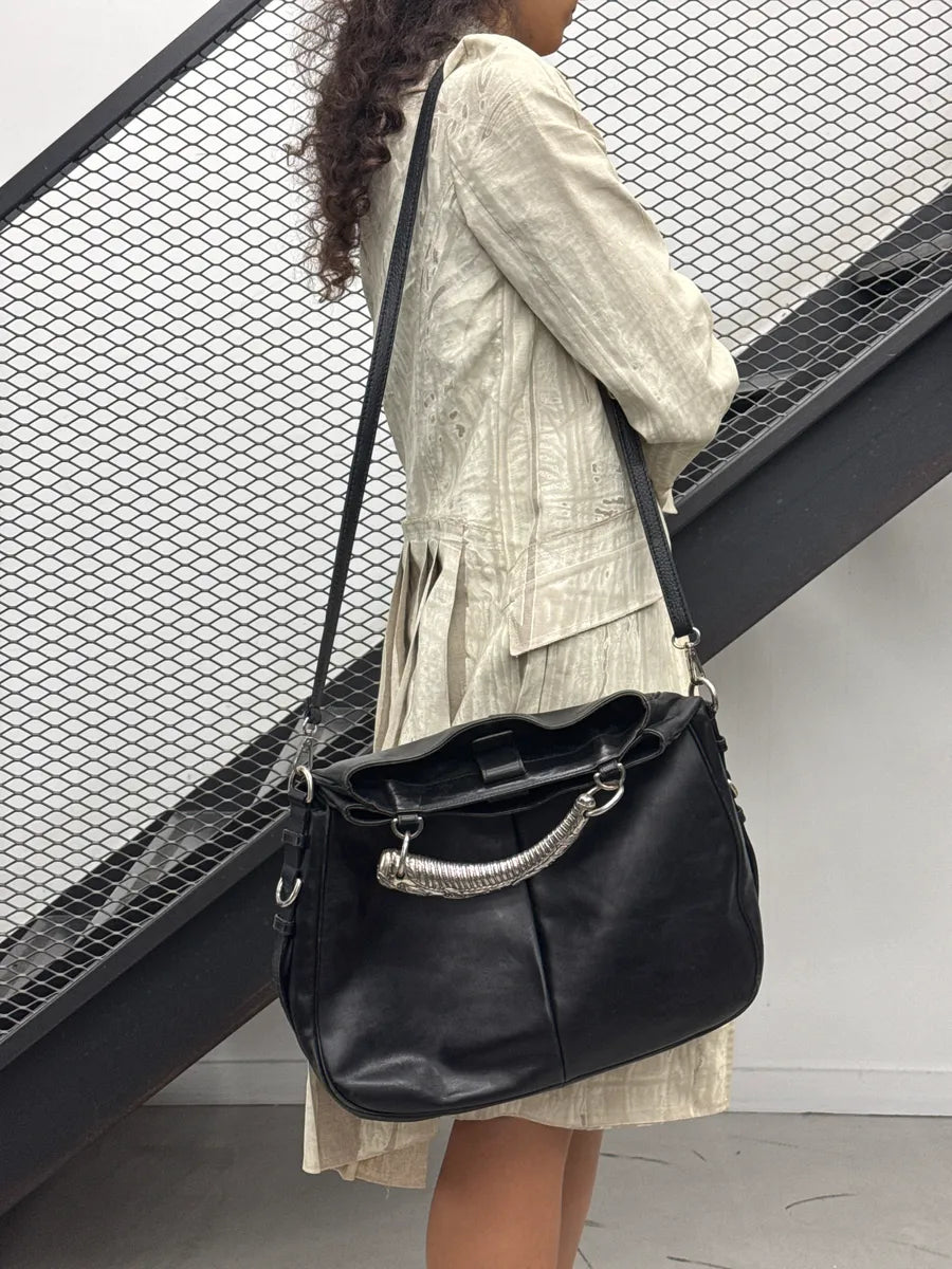 2000s Yves Saint Laurent Black Leather Mombasa Metal Handle Bag jQpNGlYd 2