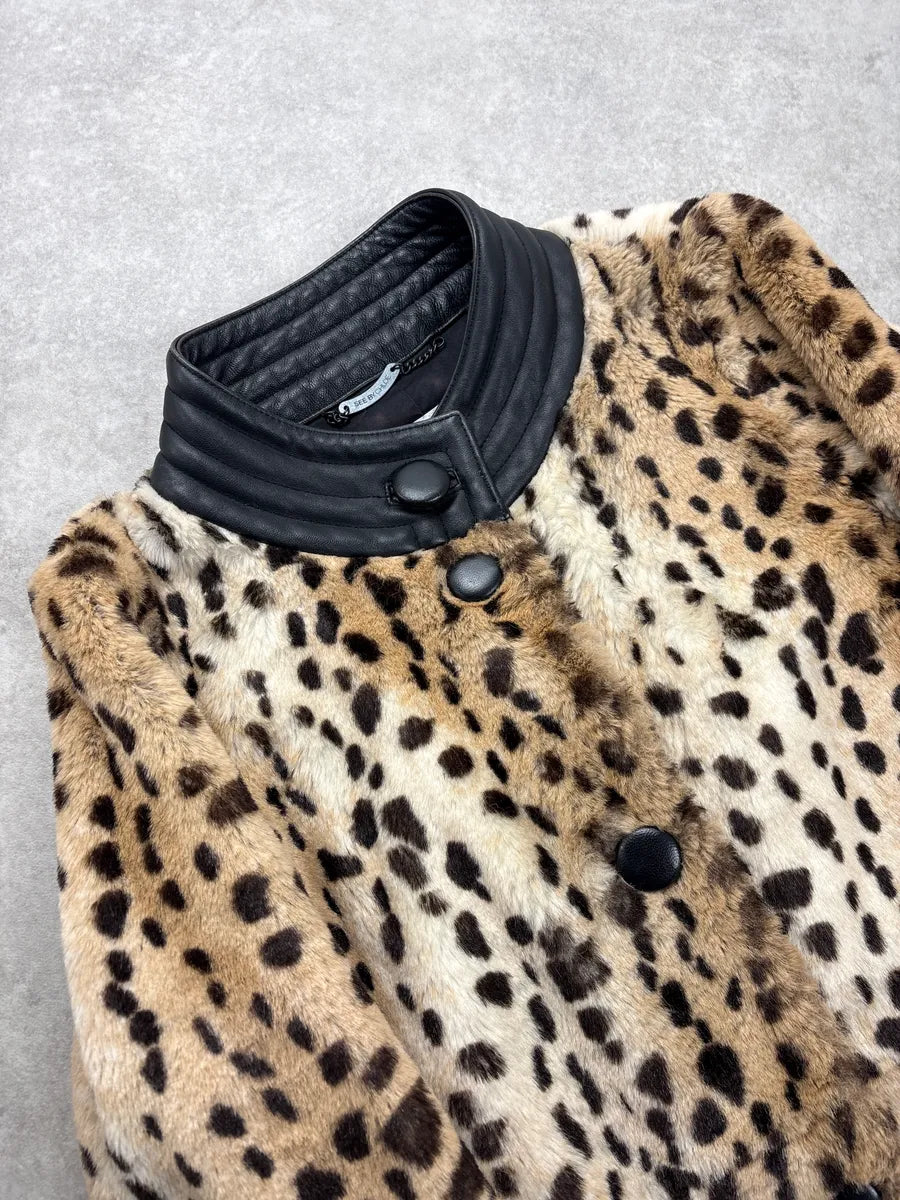 2000s Chloé Beige Faux Fur Leopard Leather Collar Coat jTeRHkcF 5