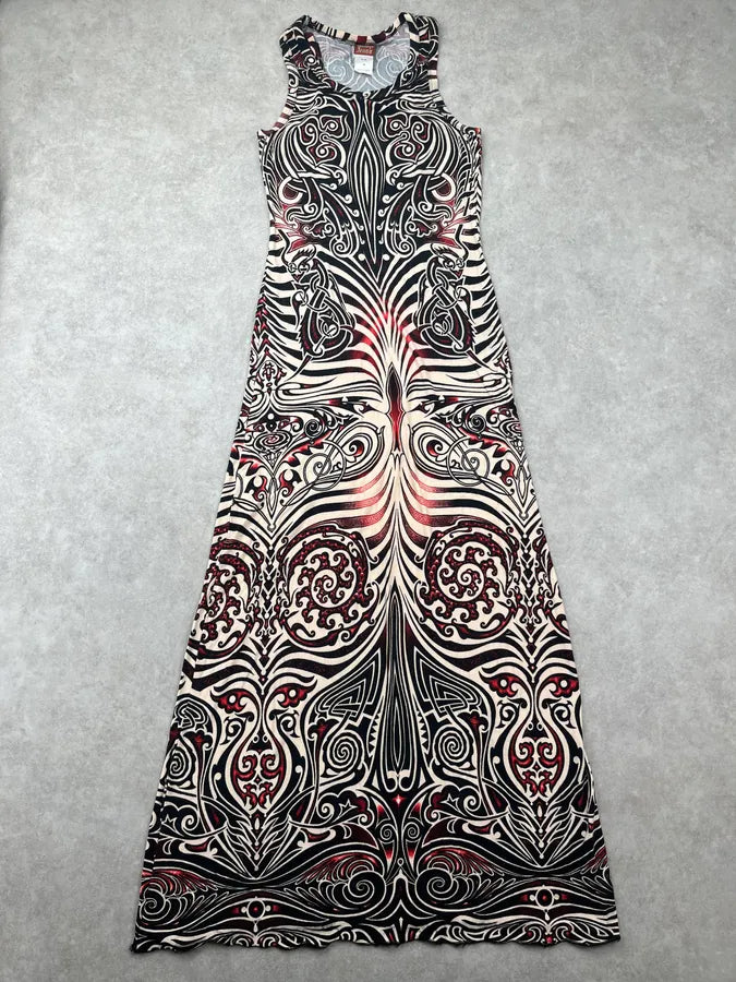 SS1996 Jean Paul Gaultier Black Viscose Tattoo Print Maxi Dress aQQOmvn 0