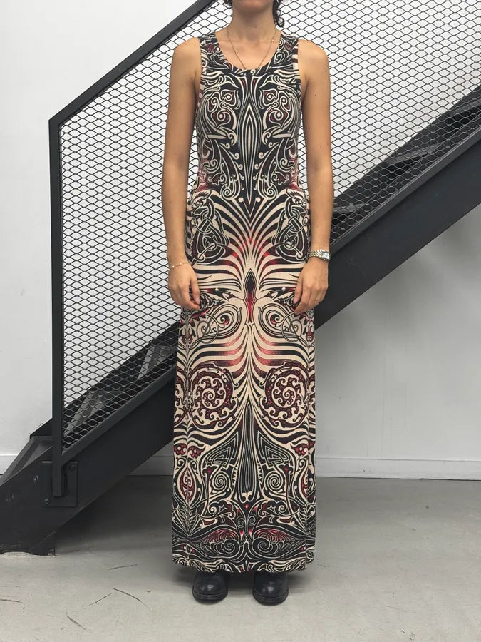SS1996 Jean Paul Gaultier Black Viscose Tattoo Print Maxi Dress aQQOmvn 1