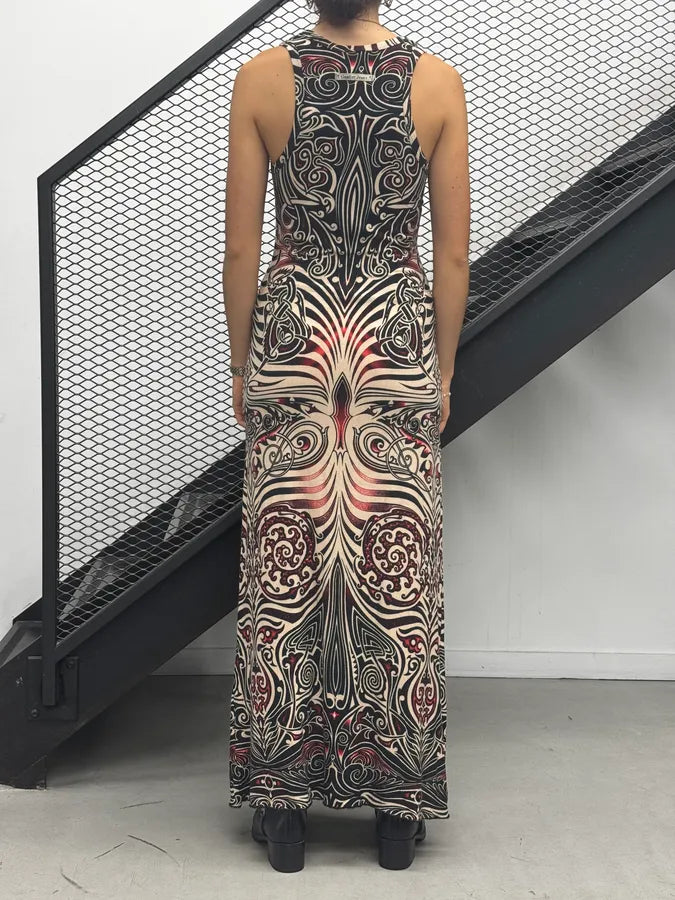 SS1996 Jean Paul Gaultier Black Viscose Tattoo Print Maxi Dress aQQOmvn 2