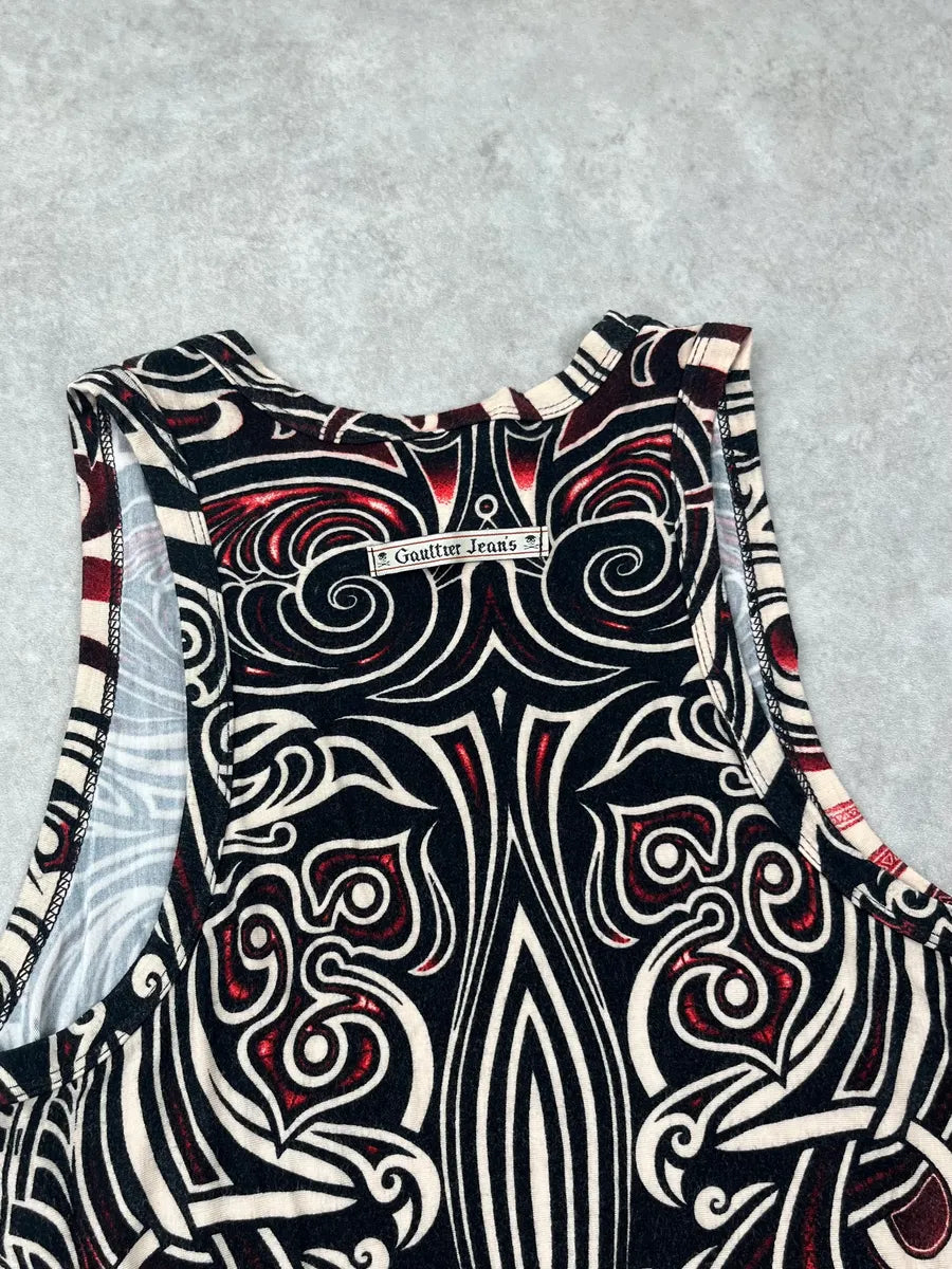 SS1996 Jean Paul Gaultier Black Viscose Tattoo Print Maxi Dress aQQOmvn 5