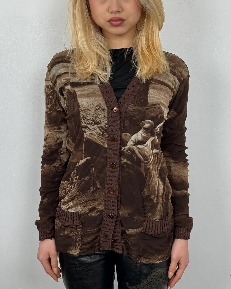 Jean Paul Gaultier Brown Desert Landscape Mesh Cardigan FmqvNgj 1