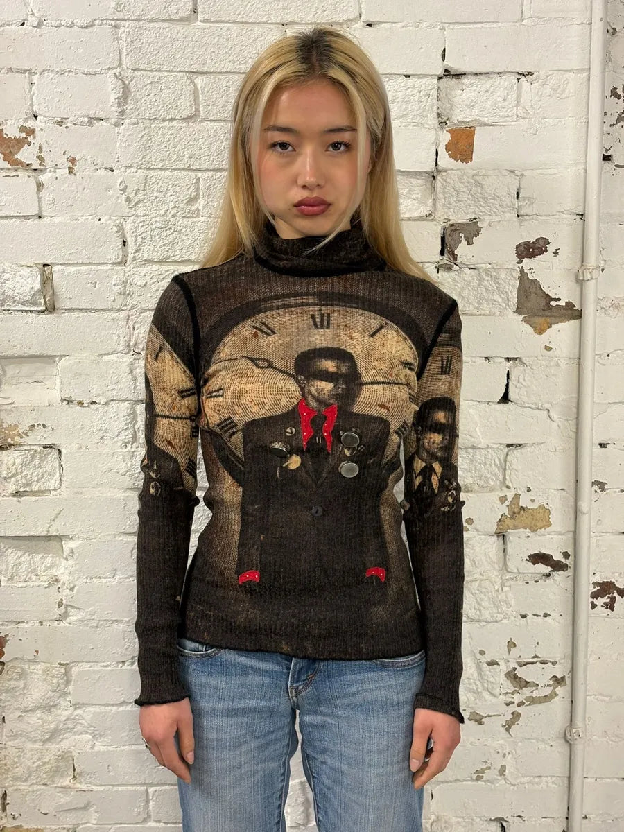 AW2003 Jean Paul Gaultier Brown Clock Longsleeve Top XhMXYQY 1