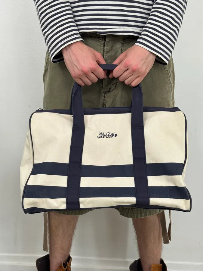 Jean Paul Gaultier White & Navy Canvas Striped Handle Bag QJGLTQk 1