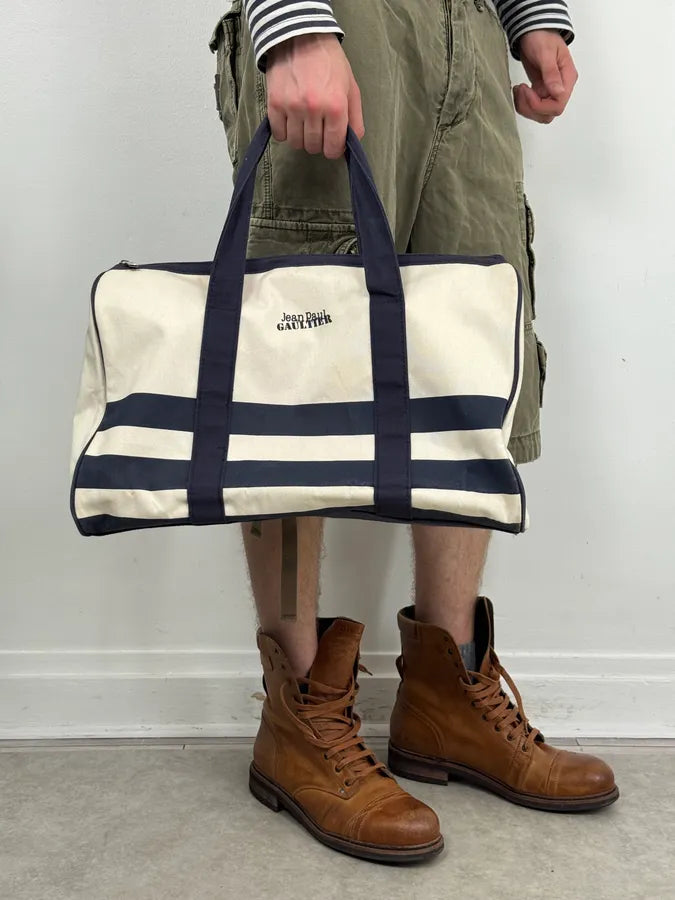 Jean Paul Gaultier White & Navy Canvas Striped Handle Bag QJGLTQk 0