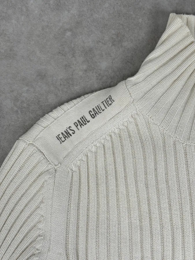2000s Jean Paul Gaultier Cream Cotton Ribbed Zip-up Sweater FPaviFI 8