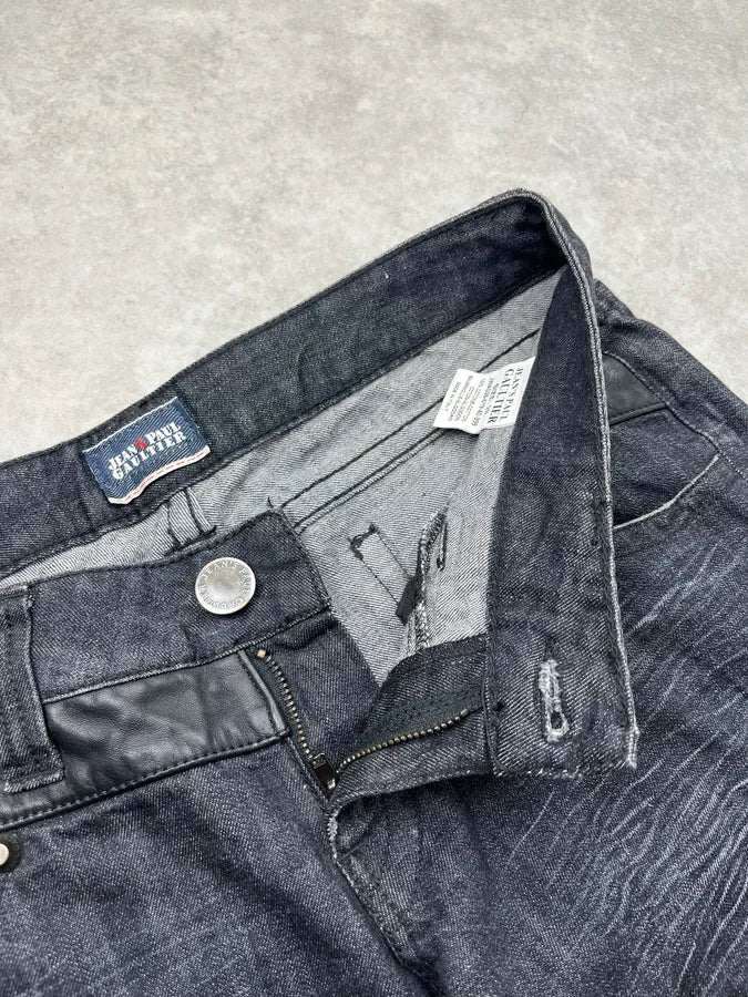 Jean Paul Gaultier Leather Panel Grey & Black Denim Shorts bbNIASP 12