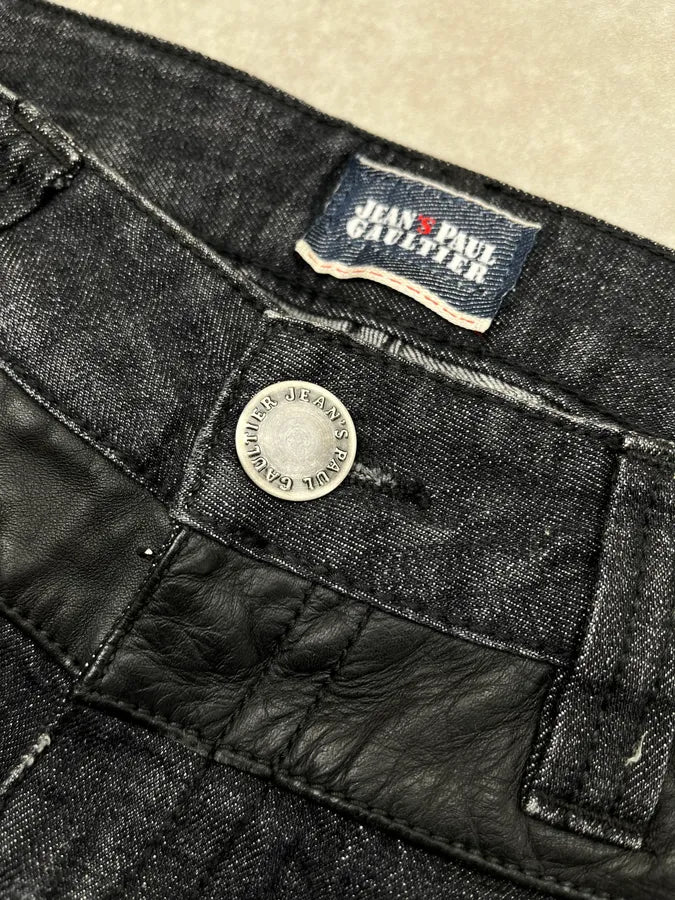 Jean Paul Gaultier Leather Panel Grey & Black Denim Shorts bbNIASP 5