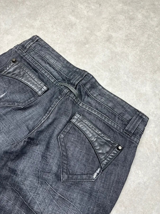 Jean Paul Gaultier Leather Panel Grey & Black Denim Shorts bbNIASP 8