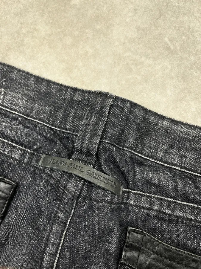 Jean Paul Gaultier Leather Panel Grey & Black Denim Shorts bbNIASP 9