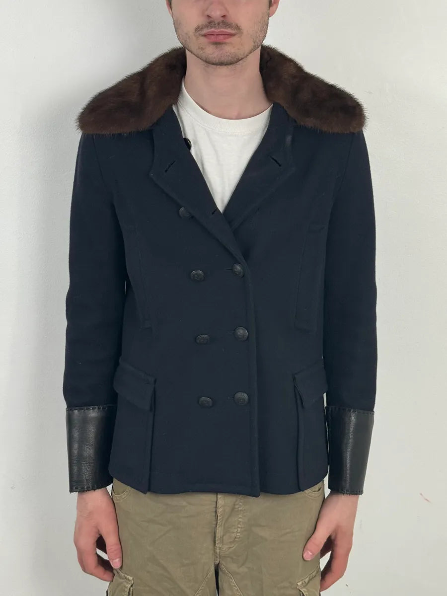 2000s Jean Paul Gaultier Navy Wool Leather Cuff Blazer jbmpPfo 1