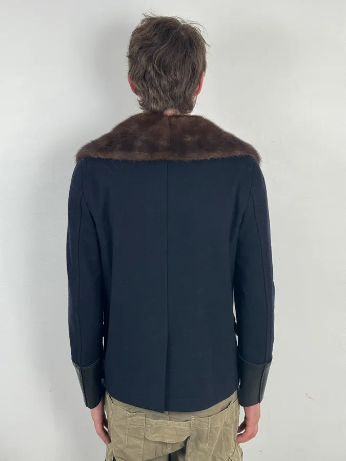 2000s Jean Paul Gaultier Navy Wool Leather Cuff Blazer jbmpPfo 2