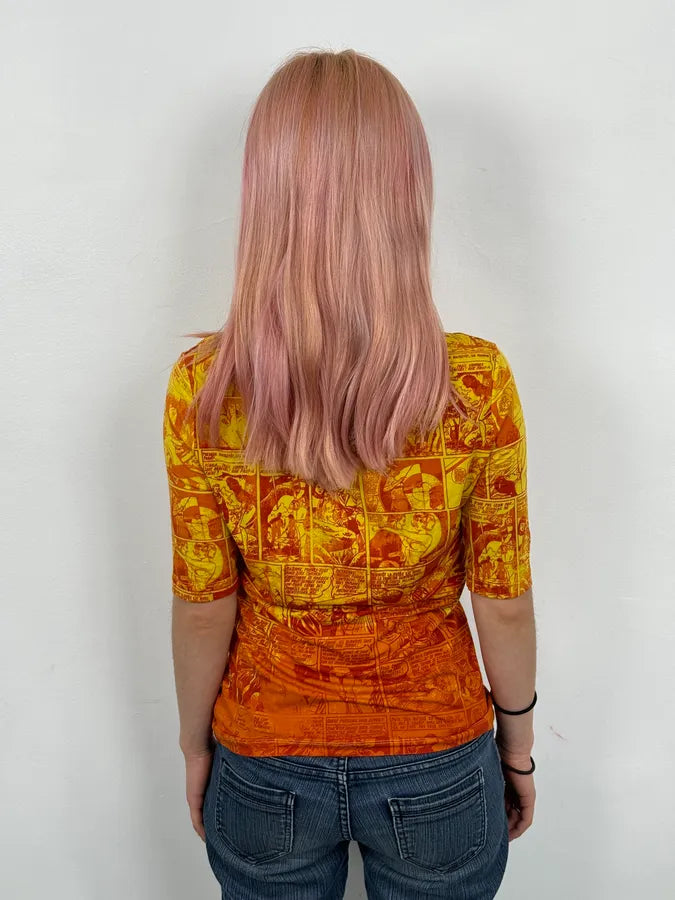 1990s Jean Paul Gaultier Orange Viscose Comic Strip Shirt yXrJUPt 2