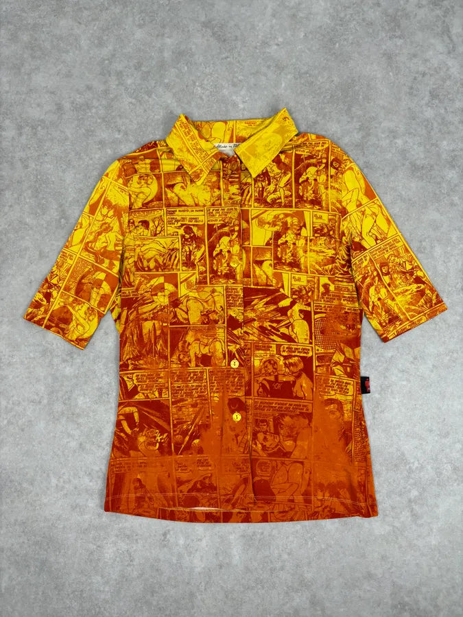 1990s Jean Paul Gaultier Orange Viscose Comic Strip Shirt yXrJUPt 0