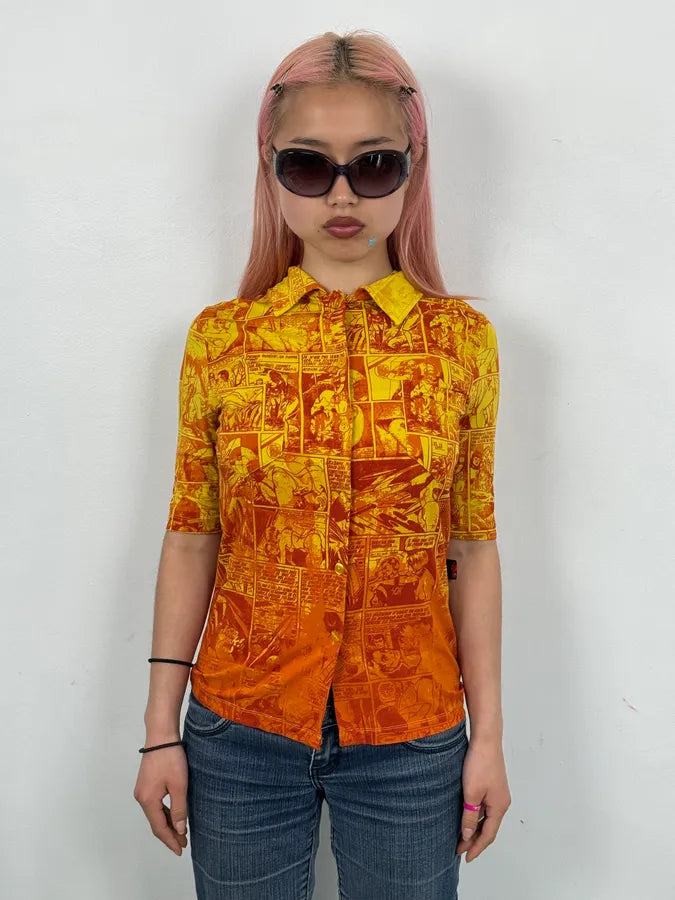 1990s Jean Paul Gaultier Orange Viscose Comic Strip Shirt yXrJUPt 1