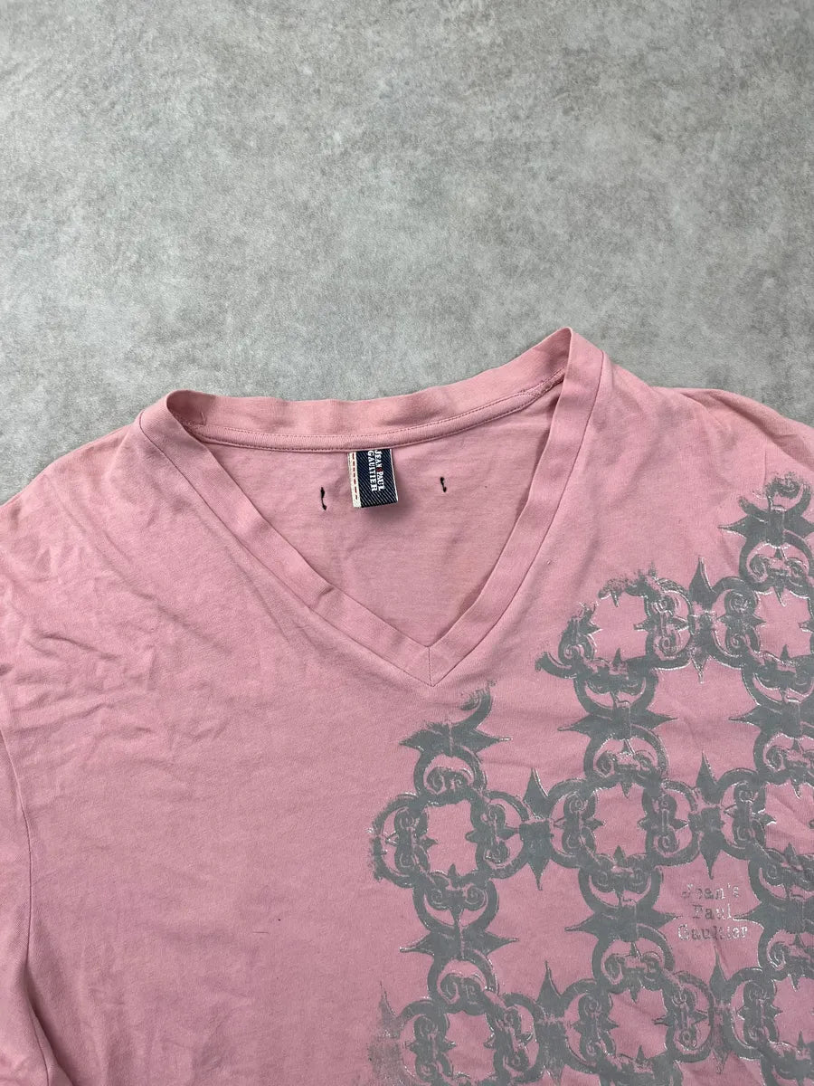2000s Jean Paul Gaultier Pink Ornamental Print V Neck T-Shirt iGgBlrY 4
