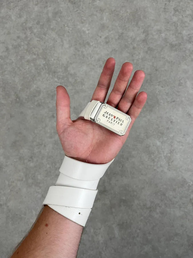 2000s Jean Paul Gaultier White Leather Logo Belt gyMERTO 1