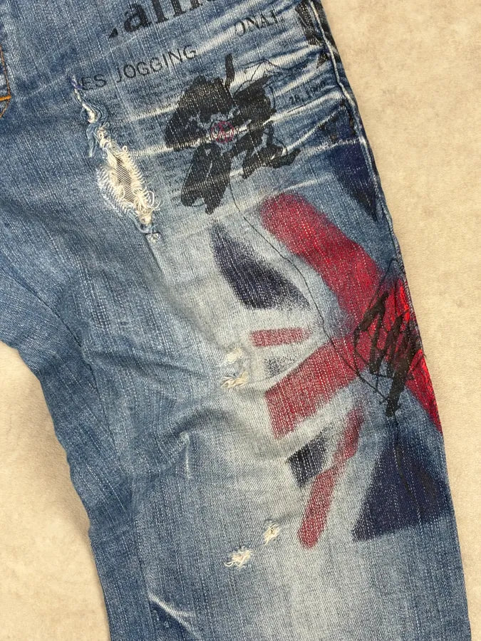 SS2011 Galliano UK Flag Newspaper Print Distressed Blue Denim Jeans IuaybCU 8